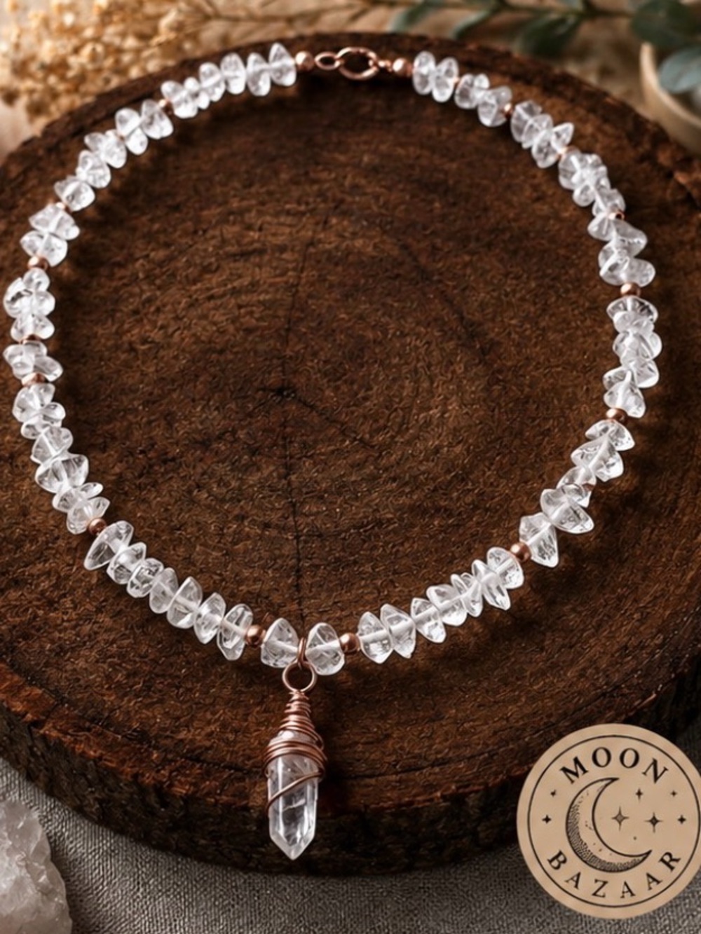 Clear Quartz Chip Necklace with Copper Wire-Wrapped Pendant - Women Jewelry